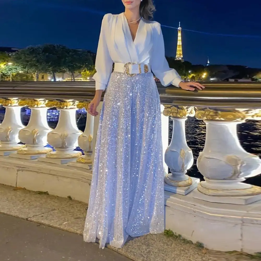 Ladies Jumpsuit V Neck Jumpsuit Elegant Sequin Wide Leg Jumpsuit with Lantern Sleeves for Women V Neck Party Culottes for Ladies