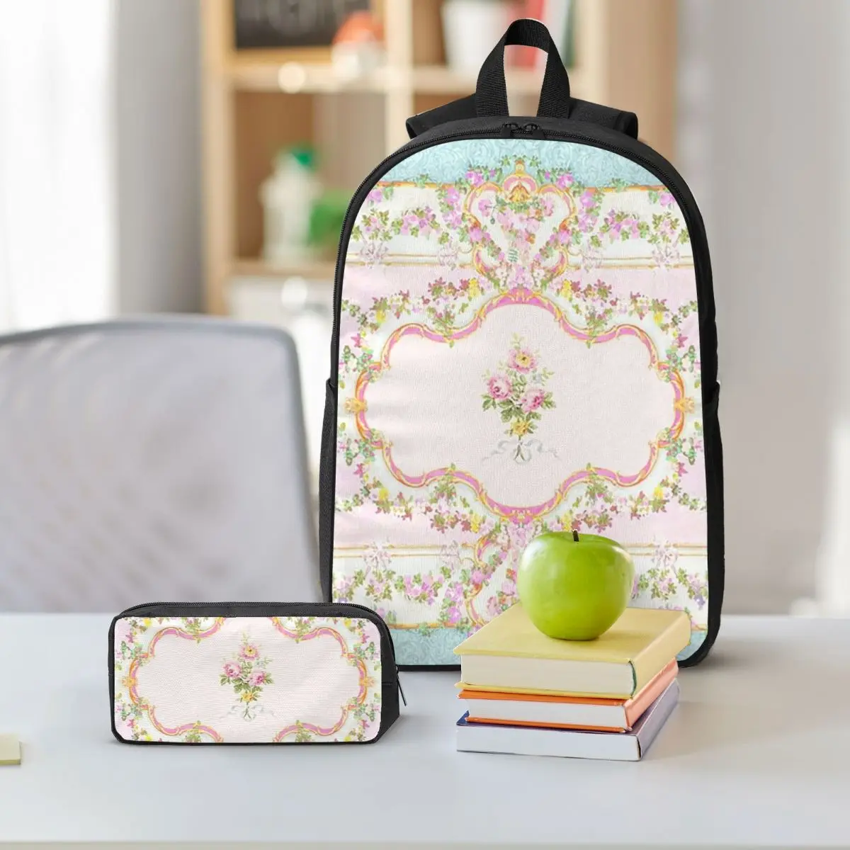 French Rococo Floral Watercolor Panel Backpack Boys Girls BookBag School Bag Shoulder Bags 3ps Insulated Lunch Bag Pencil Case