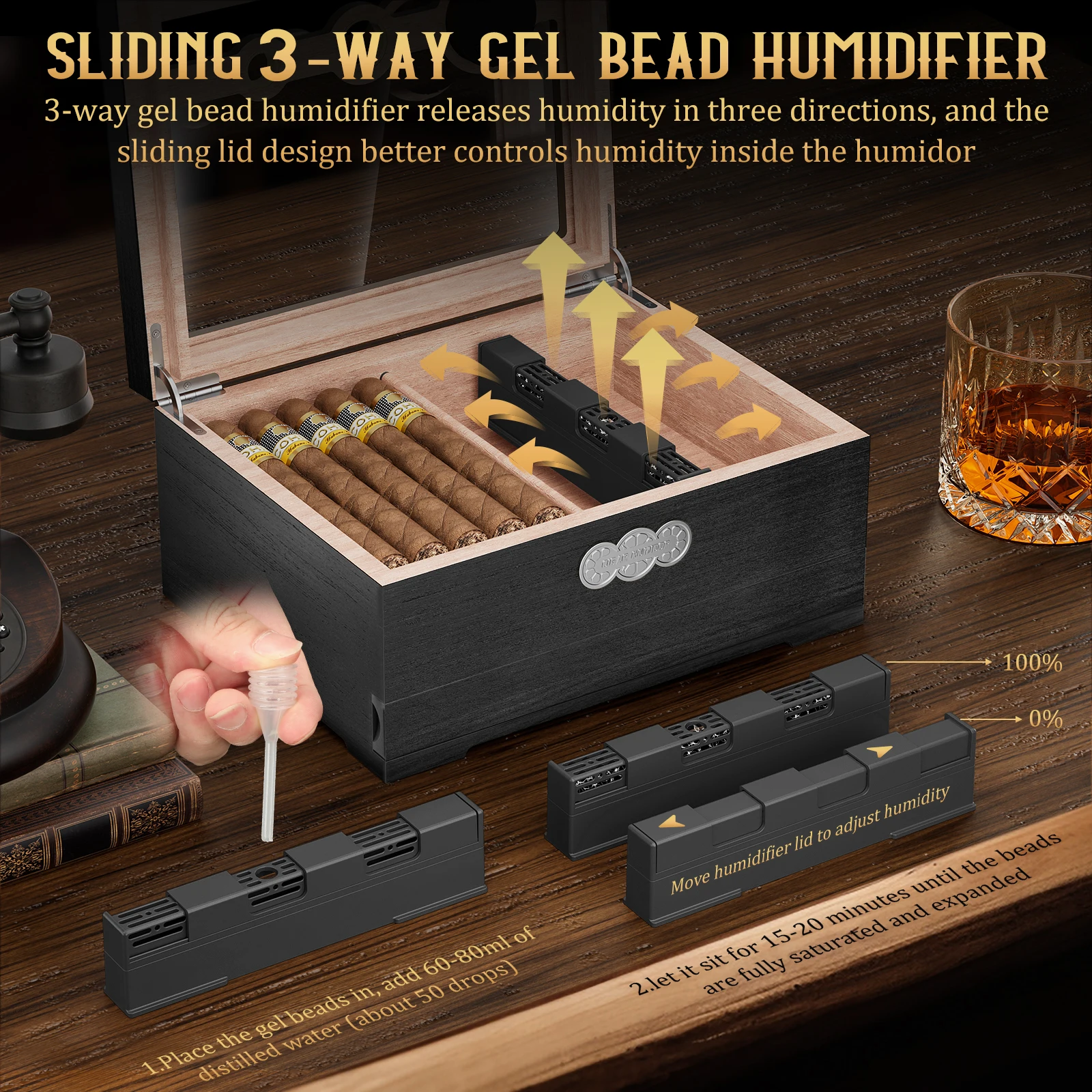 Zigarren-Humidor, Zigarrenetui aus Zedernholz mit digitalem Hygrometer-Luftbefeuchter, Messskala und Schublade, Desktop-Humidor-Geschenke mit Glasplatte