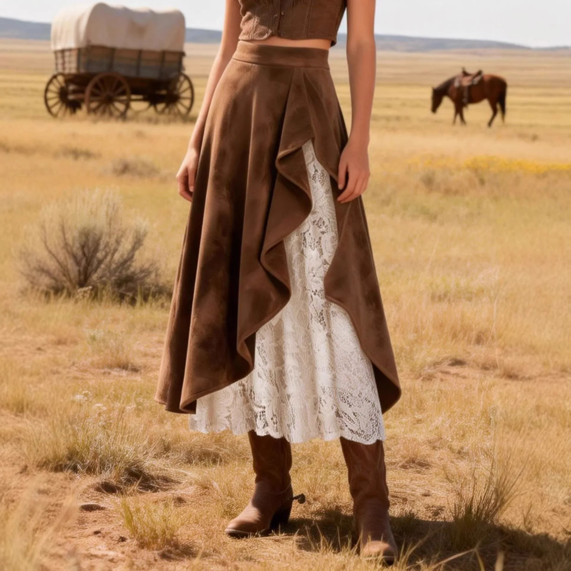 Retro Western Style Splicing Lace Suede  Skirt for Women Independent Station New Arrival A-Line H-Shape Batwing Type