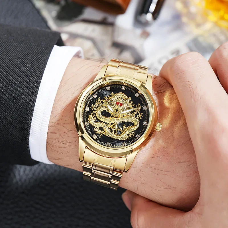 Luxury Mens Watches Fashion Embossed Gold Dragon Diamond Watch for Men Waterproof Luminous Wristwatch Stainless Steel Male Clock