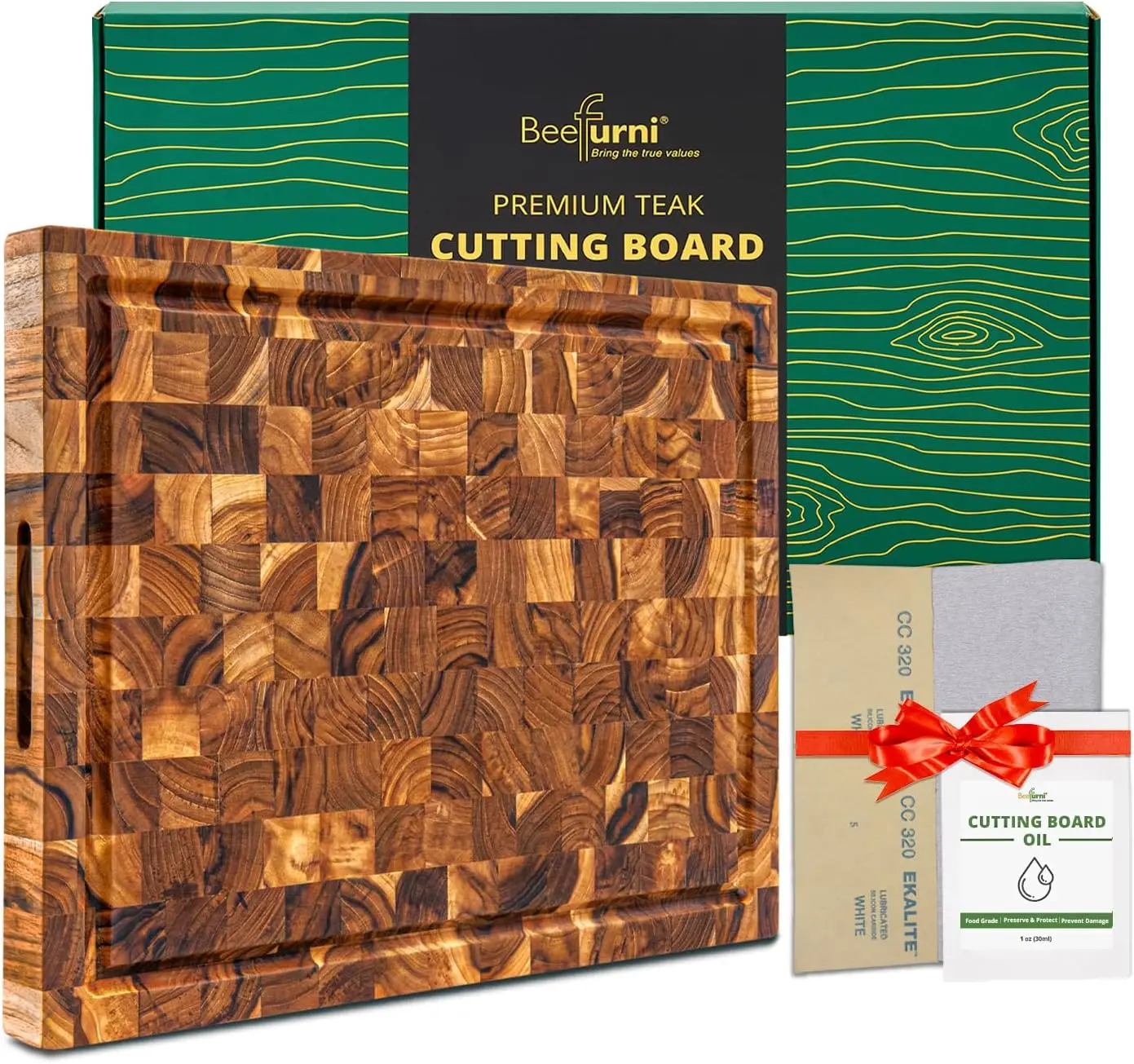 

Teak Wood End Grain Cutting Board (M, 18x14x1.5"), Wooden Cutting Boards for Kitchen with Juice Groove Hand Grip, Durabl