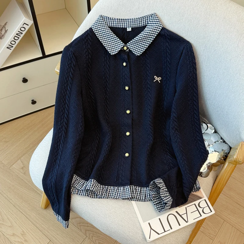 

Весенний женский милый клетчатый вязаный кардиган с оборками, топы, женский модный повседневный свитер с лацканами и длинными рукавами, женский офисный свитер, пальто