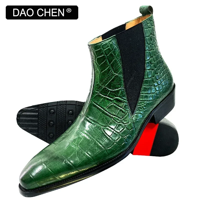 LUXURY BRAND MEN\'S BOOTS GREEN BLACK CROCODILE PRINT ANKLE BOOTS CASUAL DRESS MEN SHOES OFFICE WEDDING LEATHER BOOTS MEN