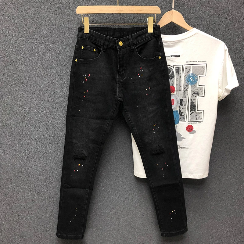 

Trendy Black Slim Fit Nine Points Men's Jeans Casual Versatile High Waist Denim Pants Youth Fashion Brand Ins High End Splash...