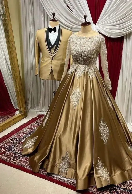 Vestido de fiesta musulmán de manga larga, caftán con apliques de encaje, color champán dorado, talla grande