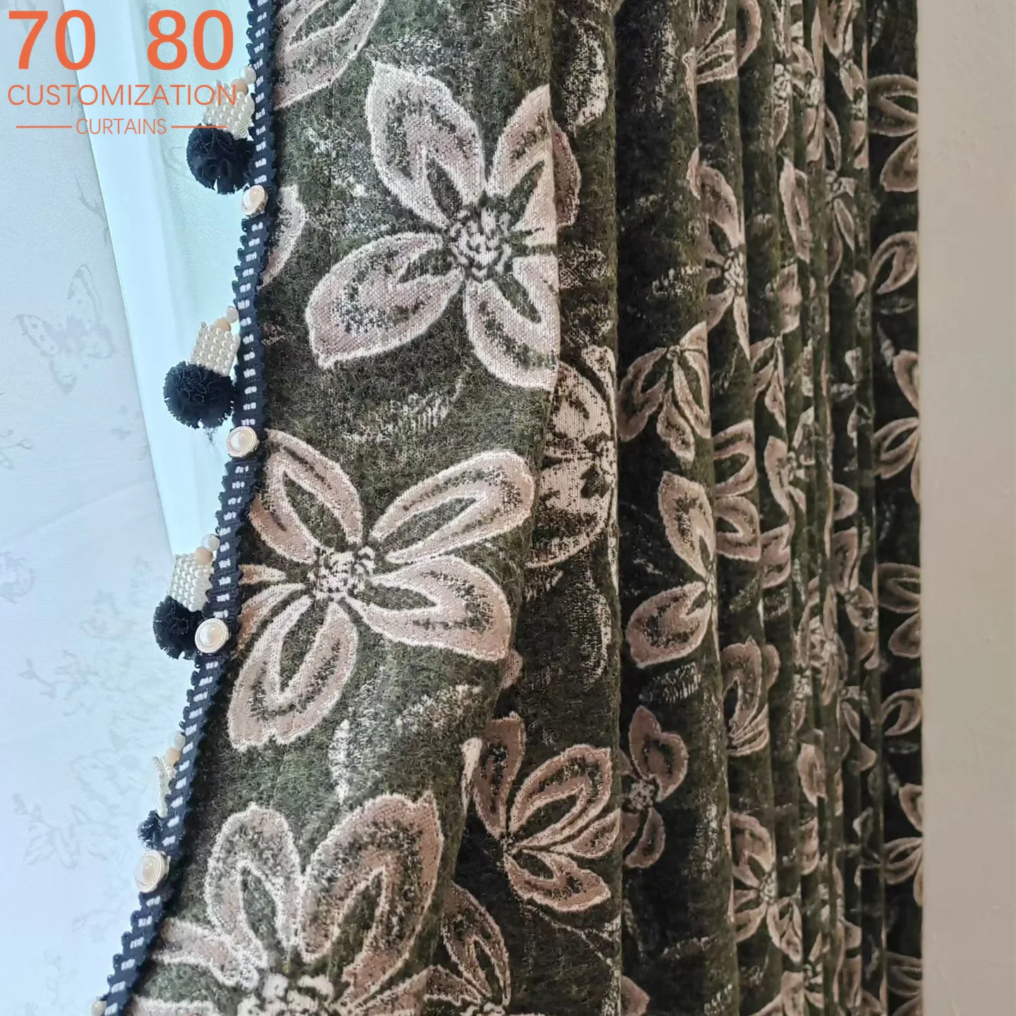 Vintage Dark Green Jacquard Thickened Blackout Curtains for Living Room Bedroom French Window Customized Finished Balcony