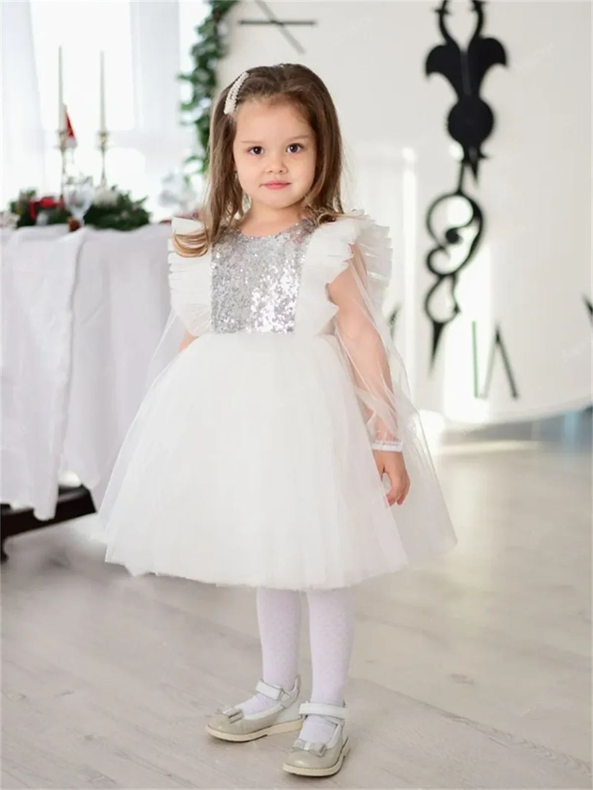 

Flower Girl Dress White Fluffy Tulle Skirt Sparkle Sequin Long Sleeve Wedding Flower Child First Communion Birthday Party Dress