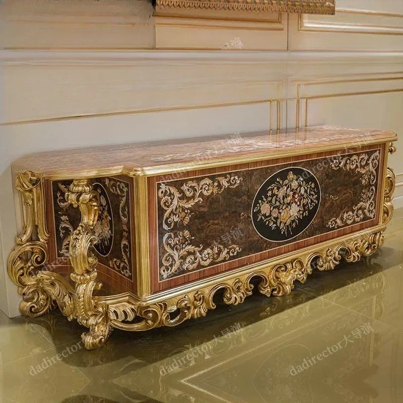 European handmade solid wood carving flower floor cabinet living room neoclassical French luxury TV cabinet