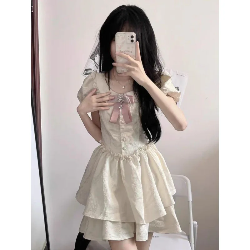 Sweet Age Reducing Cute Doll Collar Bow Dress Women's Summer Waist Slimming and Fluffy A-line Skirt