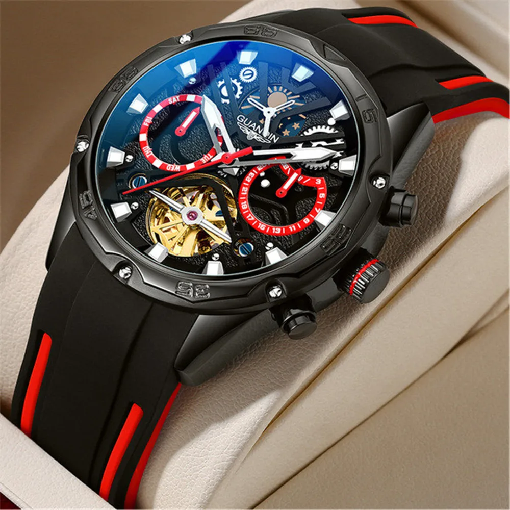 GUANQIN Automatic Mechanical Wrist Watch Men 50M Waterproof Luminous Tourbillon Rubber Strap Sapphire Crystal Clock мужские часы