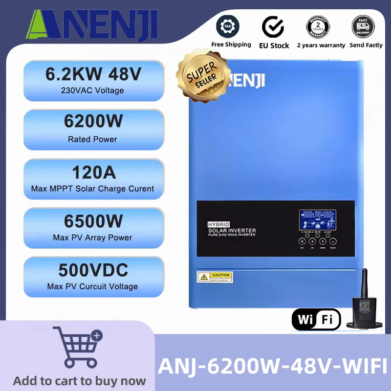 6200W 48V Hybrid Solar Inverter MPPT 230V Pure Sine Wave On/Off Grid Built-in 120A Solar Charge Power On Grid Home Inversor