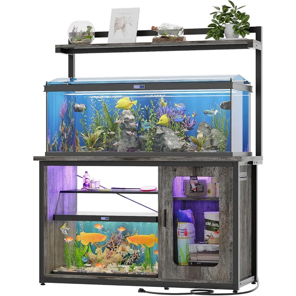 

55-75 Gallon Fish Tank Stand with Power Outlets & LED Light, Heavy Duty Aquarium Stand with Reversible Cabinet for Tank
