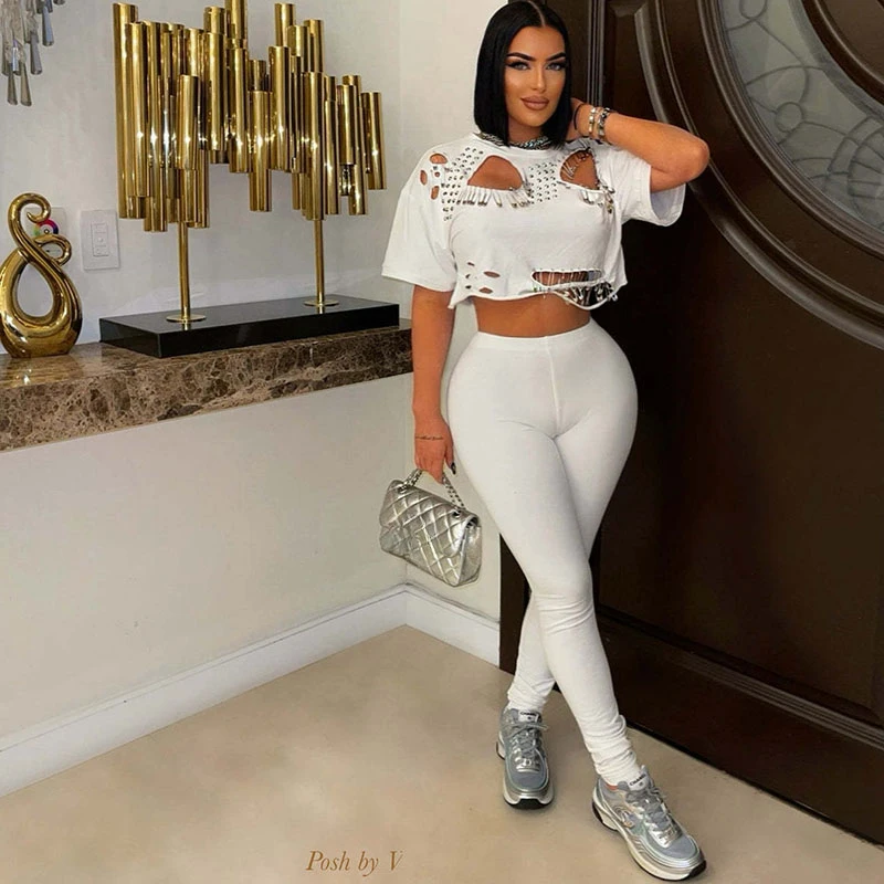 

Streetwear Ripped Hole Two Piece Outfits Women Summer Clothes Pin Short Sleeve Crop Top and Pencil Pants Hip Hop Mathcing Sets