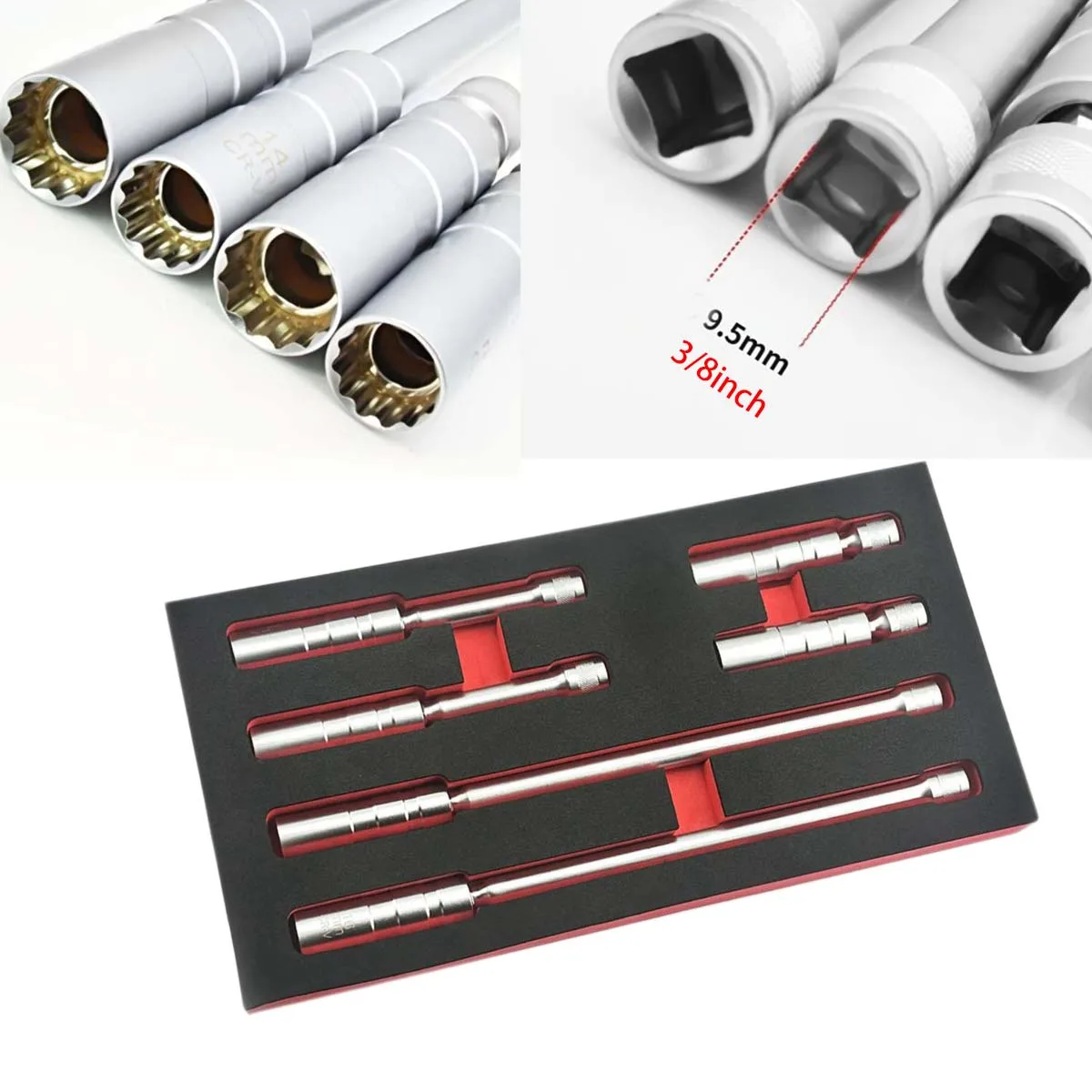 1/6PCS 14/16mm Magnetic Swivel Sparkplug Socket Wrench Sleeve Removal Tool Thin Wall Extension Socket 3/8inch Steel Tool
