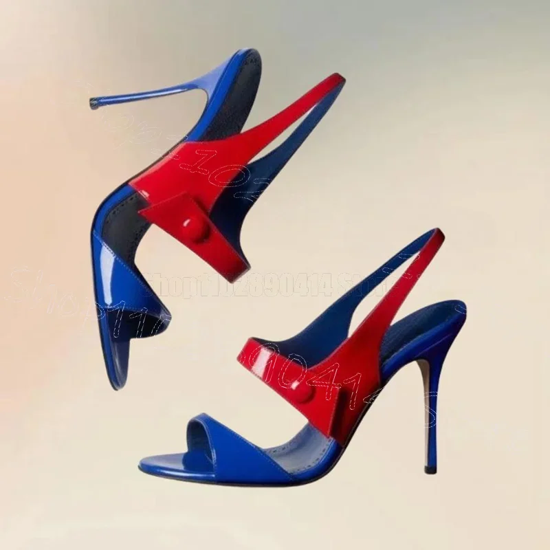 Button Decor Red Blue Patent Leather Sandals Button Strap Women Shoes Thin High Heels Open Toe Dating 2025 Zapatos Para Mujere