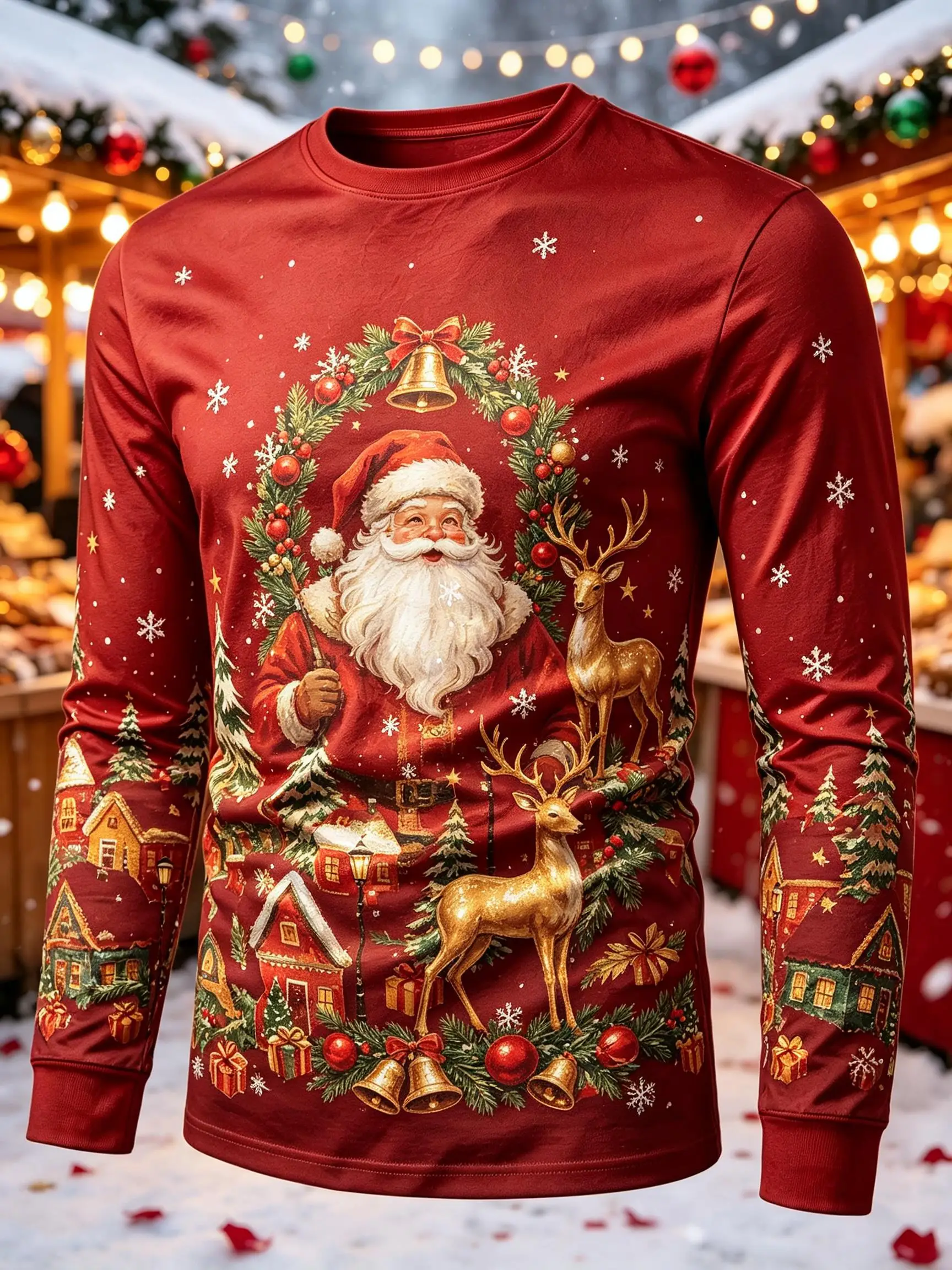Mens Casual Long Sleeve T-shirt Navy Santa Reindeer Wreath Bell Snow Print Fashion Blouse