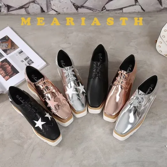 

2025 Autumn Women Patent Leather Stars Flat Platform Casual Shoes Fashion Lace Up Brogue wedge Shoes Footwear Chaussures Femme