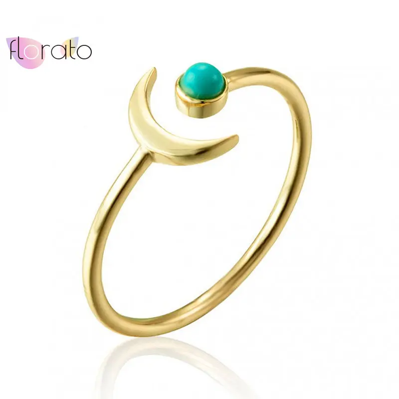 Plated 24K Gold/925 Silver Turquoise Open Rings for Women Minimalist Tiny Rings Moon Adjustable Finger Ring Party Jewelry