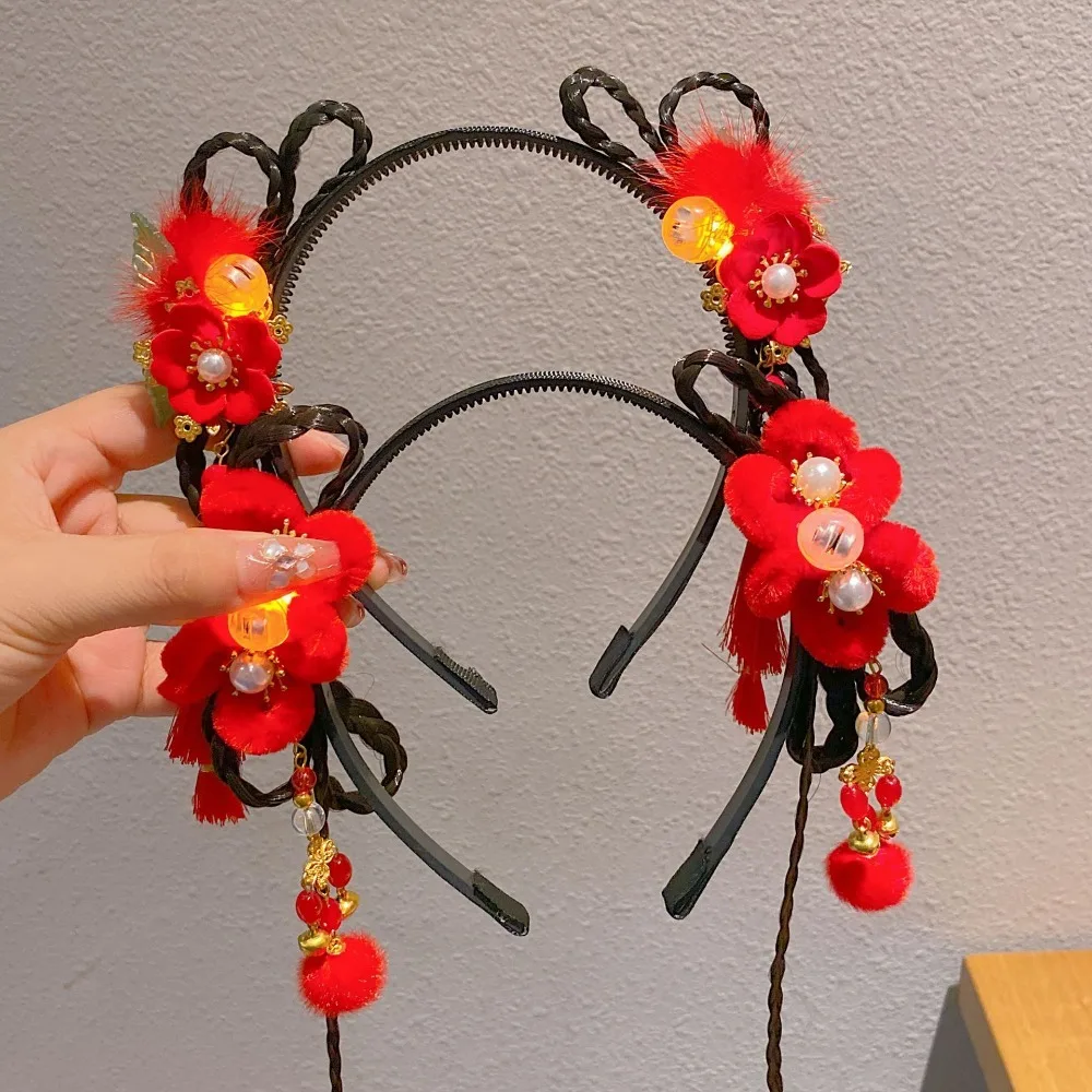 Sweet LED Glowing Hanfu Wig Headband Red Pigtail Wig Flower Tassel Hairband Cosplay Pearl Chinese Style Hair Hoop Girl