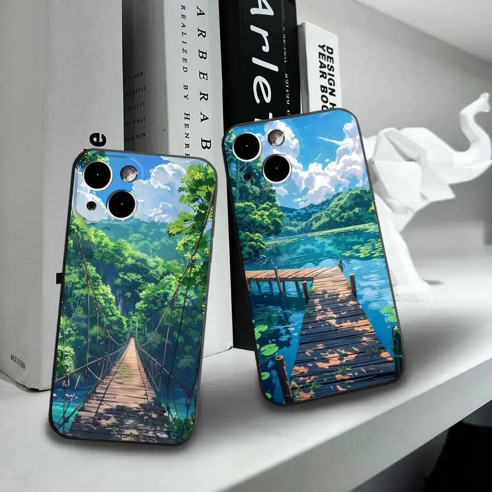 

Landscape Scenery Cover Phone Case For iPhone16,15,14,13,12 Mini 11 Pro XR,X,XS,MAX 7,8 Plus Silicone Cover Soft Black