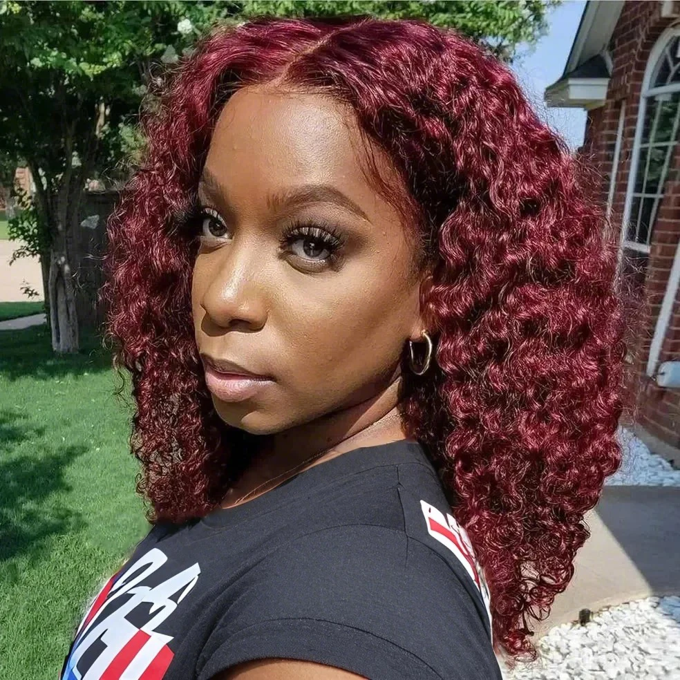 99J Colored Curly Water Wave Lace Front Wig Burgundy Red Remy Short Cut Bob Frontal Human Hair Wigs Women Pre Plucked Wigs 200%