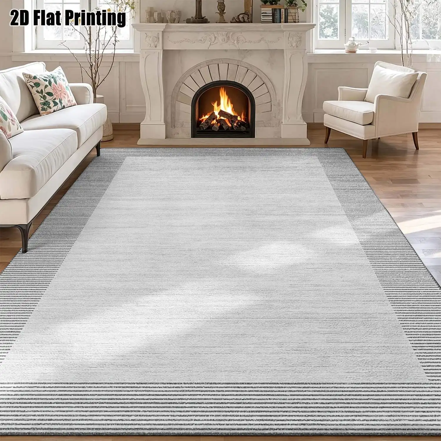 1Pc 2D Printed Carpet, Gray White Geometric Striped, Nordic Modern Minimalist Home Decor Rug, Multi-Size, Machine Washable, for Entrance, Dining, Foyer, Bedroom, Living Room