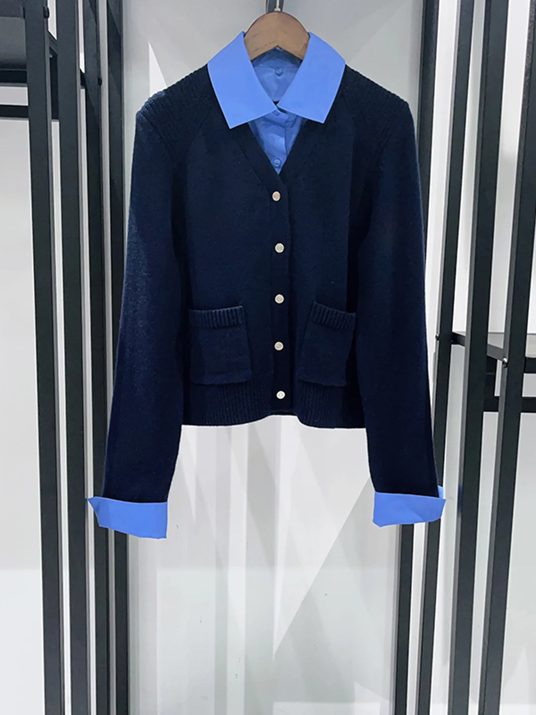  Detachable irt Collar Knitted Open Cardigan Women's Deep Blue Outerwear Soft French Sle Regular Fit Long Sve