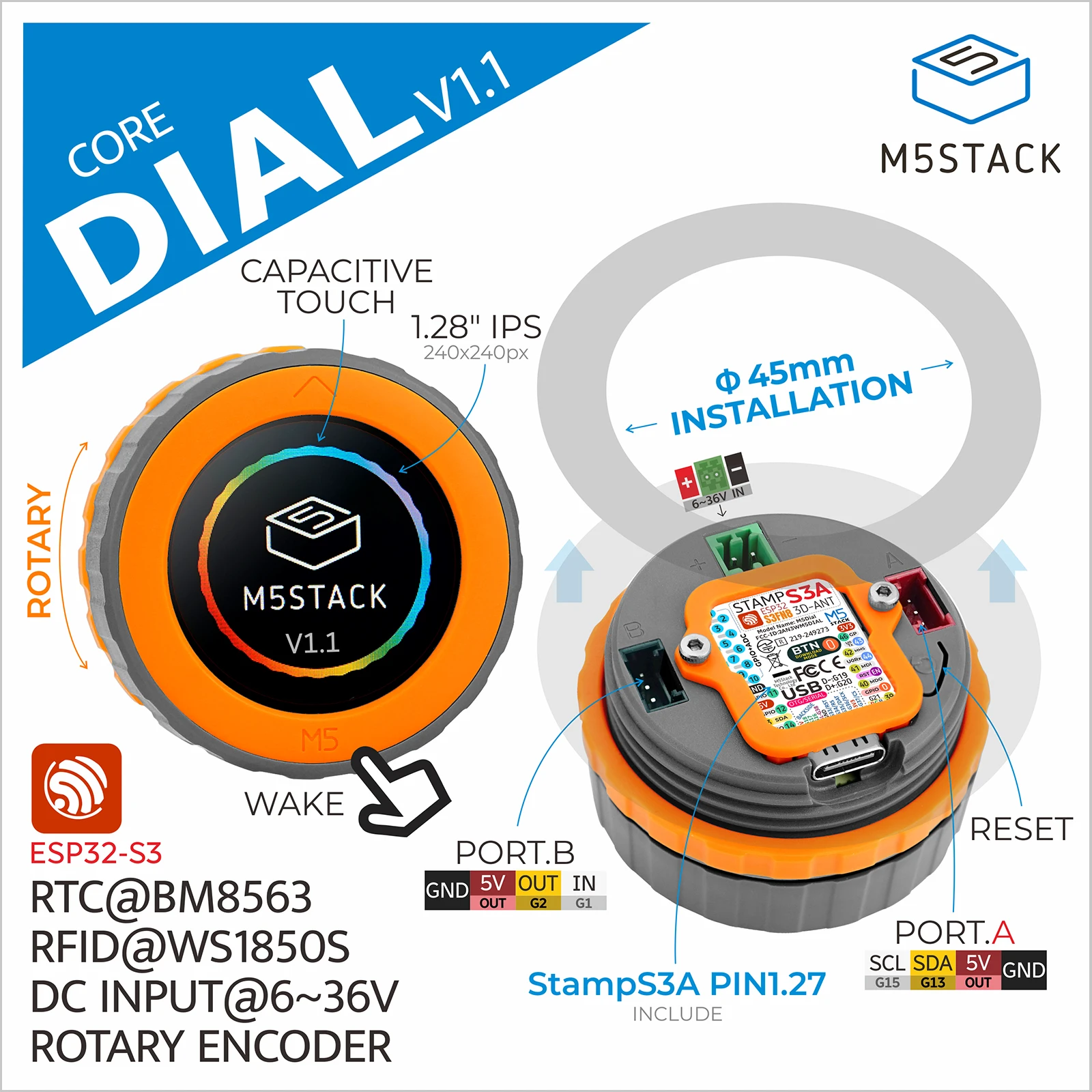 M5Stack Official Dial v1.1 ESP32-S3 Rotary Encoder IoT Controller 1.28 Inch Round Touchscreen RFID 13.56MHz 6-36V Wi-Fi