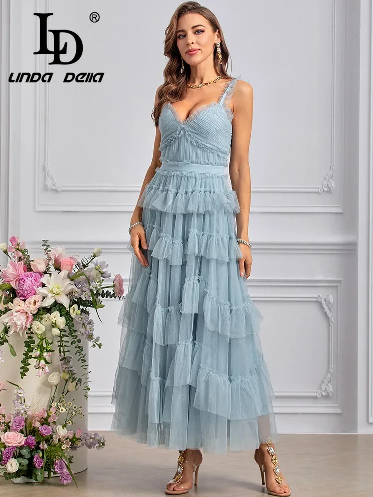 LD LINDA DELLA Estate 2024 Abito firmato di lusso per le donne Vintage Tinta unita Filato netto Cascading Ruffle Abiti con cinturino per spaghetti