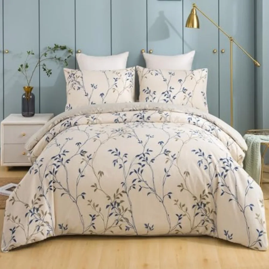 

Tache Elegant Leaf Vine Nature Earthy Floral Neutral Cream Beige Tan Blue Breathable Poplin Cotton Zipper Duvet Cover