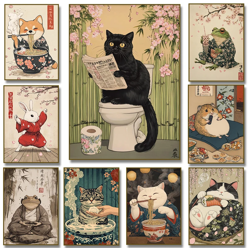 Hamster Shiba Slurping Ramen Frog Japanese Cat Sitting on Toilet Poster Canvas Painting Wall Art for Living Room Home Decor