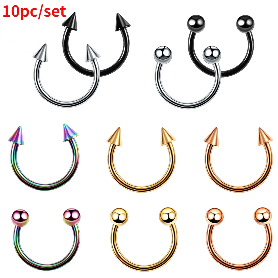 10pcs/lot Steel Trendy Nose Septum Hoop Lip Rings Circular Barbell Horseshoe Ear Tragus Helix Earrings For Unisex Jewelry gift