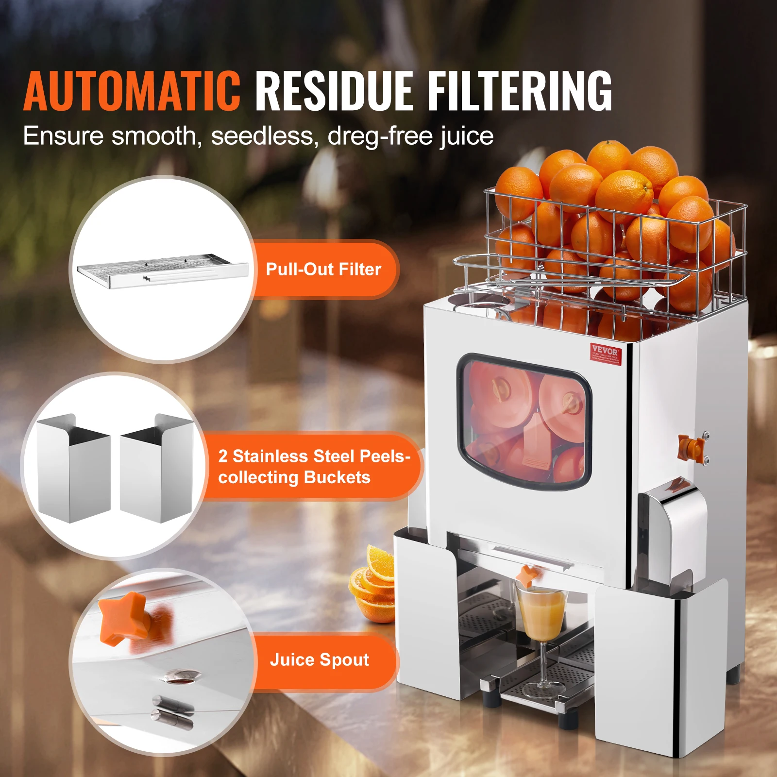 VEVOR Commercial Orange Juicer Machine 120W Automatic Juice Extractor Stainless Steel Orange Squeezer 20 Oranges/Minute