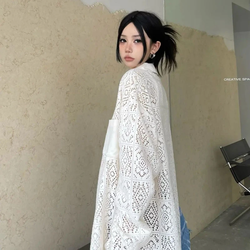 2025 verão feminino americano retro polo pescoço oco camisa solta versátil cardigan topo