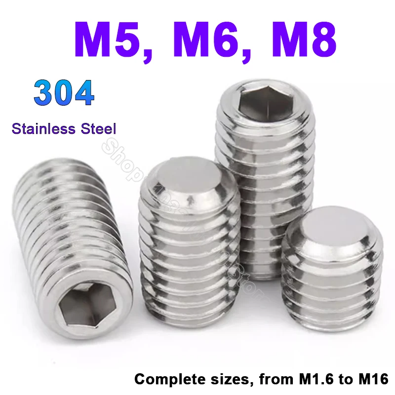 

3-30pcs Hex Socket Set Screw Flat Point Allen Head 304 Stainless Steel M5 M6 M8 Headless Hexagon Socket Grub Screw Bolt DIN916