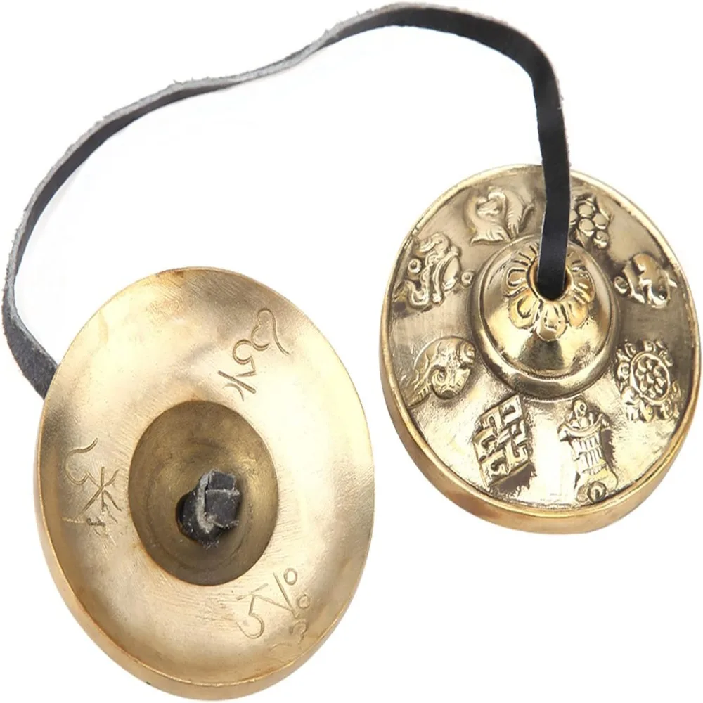 Brass Material Meditation Chime Bell 6.5 cm Diameter 8 Lucky Symbols Embossed Tingsha Cymbals Percussion Instrument