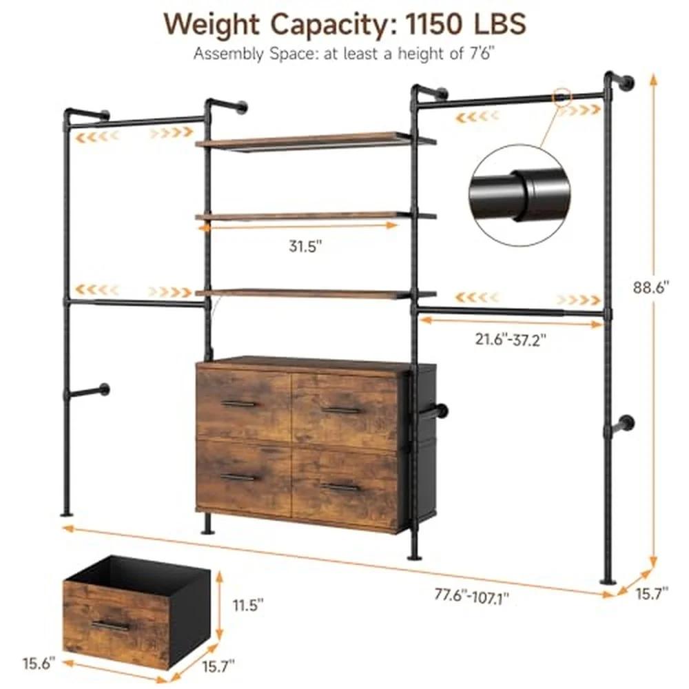 T4 Closet System with Stepless Dimmable LED Light Rustic Brown