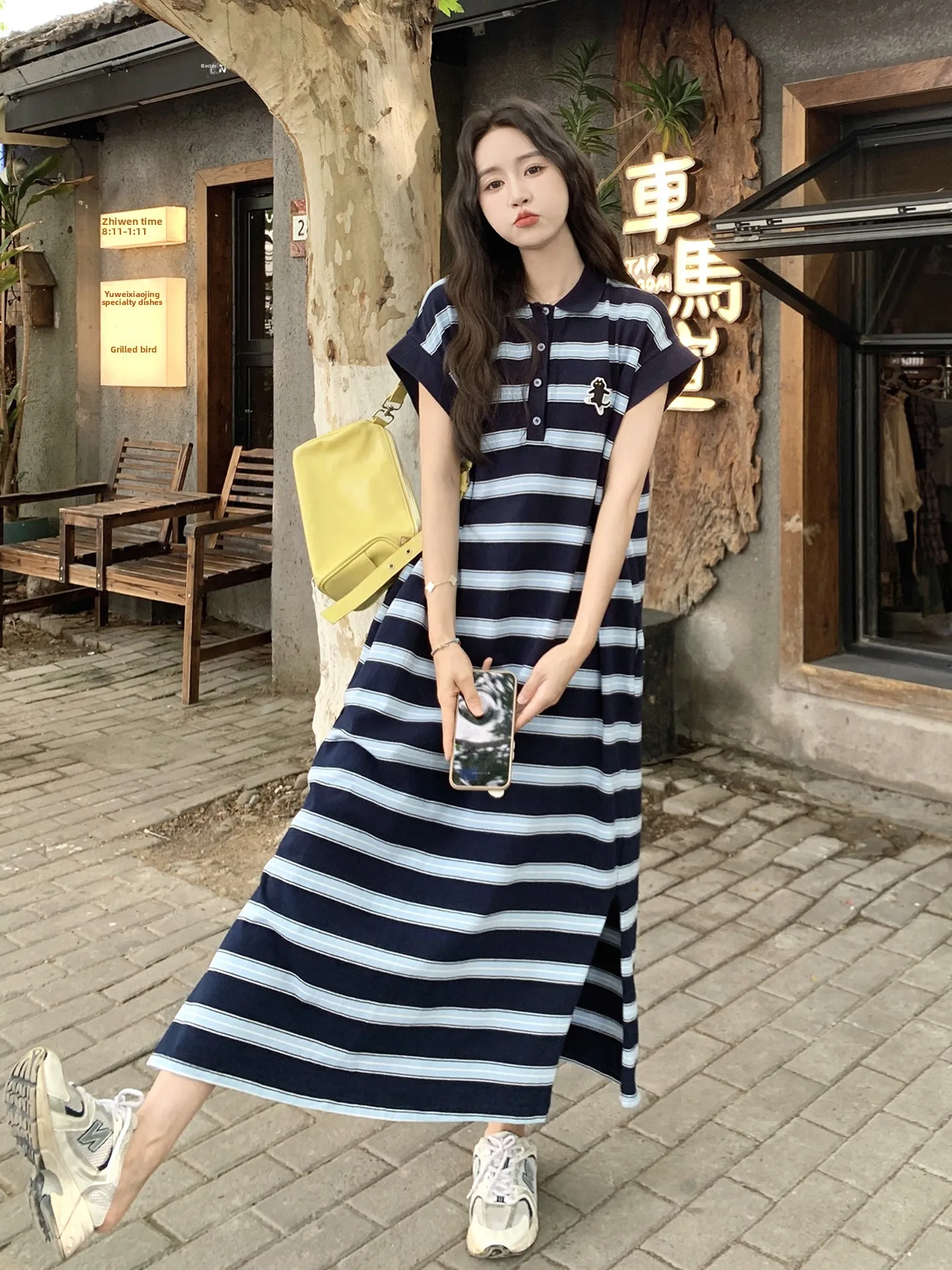 T-shirt col rayé décontracté Dr femme coupe ample été nouveau Sle collège Campus couleur Blo Long Dr Version coréenne