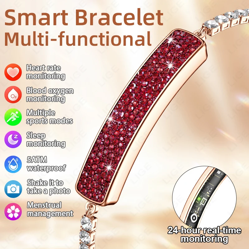 LIGE New Pretty Crystal Women's Smart Bracelet Heart Rate Blood Oxygen Sleep Monitor Women Smartwatch Waterproof Ladies Watches