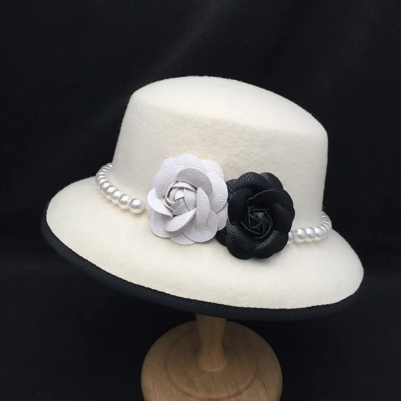 High quality white camellia fedora Pearl Band 100% wool felt hat Floppy Ladies Wedding Church Hat Pork Pie Trilby hat