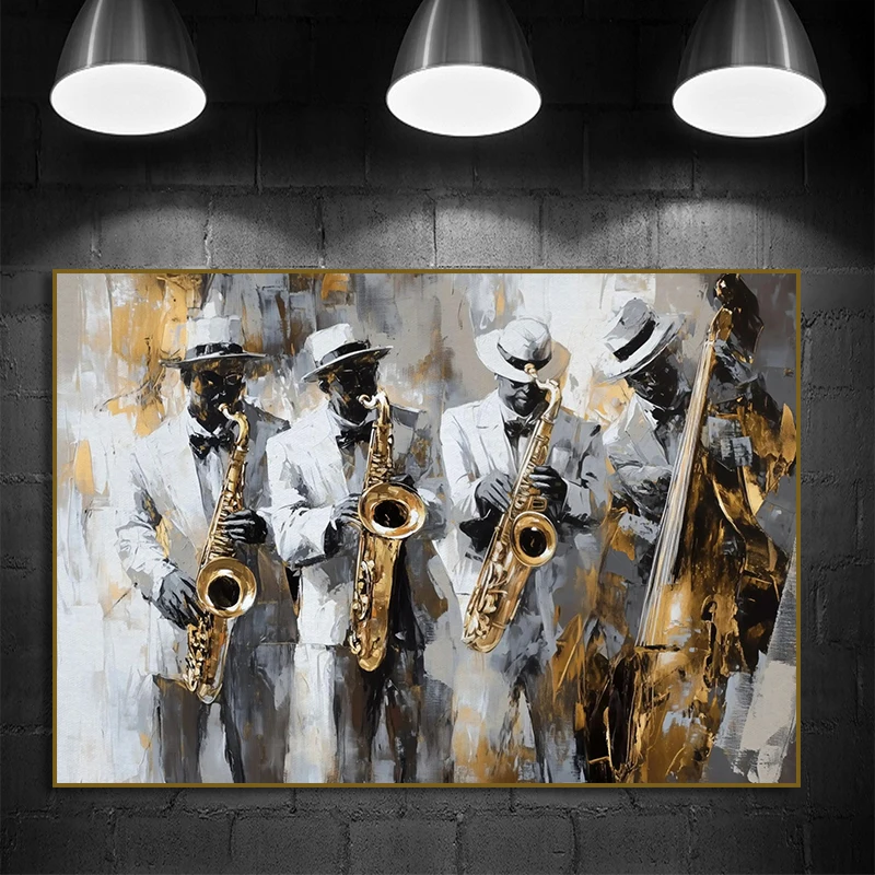 Music Jazz Black Man Play Saxophone Violin Cello Guitar Vintage Art Posters Canvas Painting Wall Prints for Room Home Decor