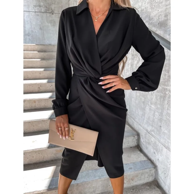 Elegantes neues lang ärmel iges Kleid Frauen modische einfarbige Slim Fit sexy plissierte Design Revers Laterne Ärmel Hemd Kleid 2024