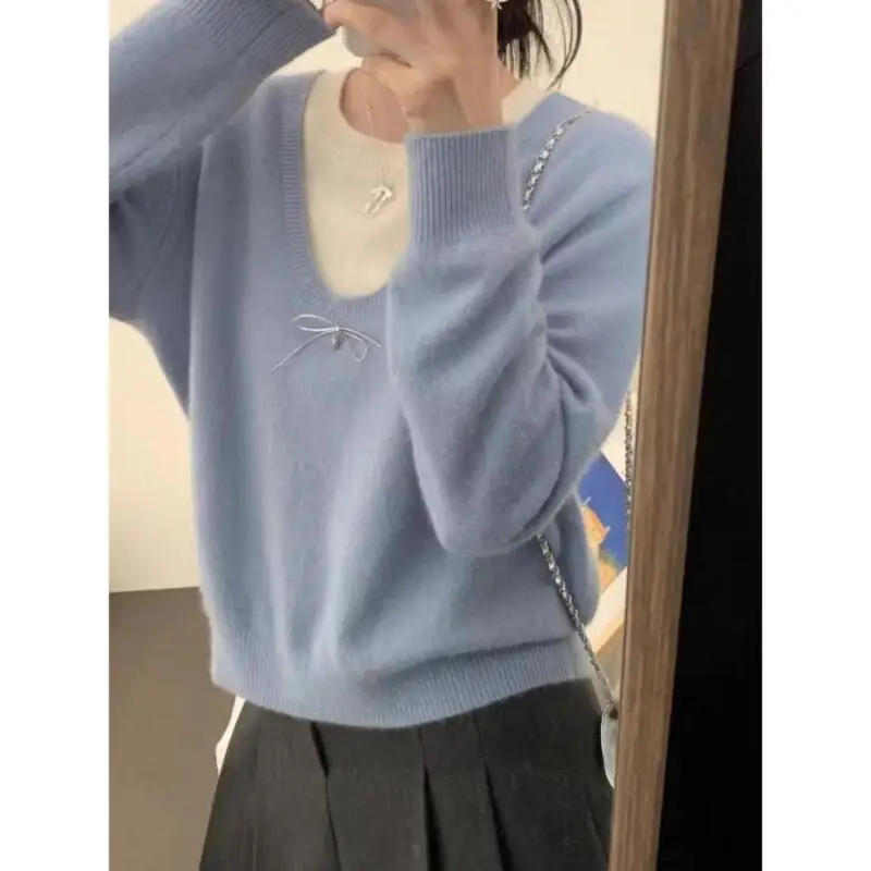 เสื้อกันหนาวฤดูใบไม้ร่วงและฤดูหนาว เสื้อกันหนาวสไตล์เกาหลี สีตัดกัน ฤดูใบไม้ร่วงและฤดูหนาว ทรงสั้น รุ่นหวาน เสื้อกันหนาวหวาน รุ่นใหม่