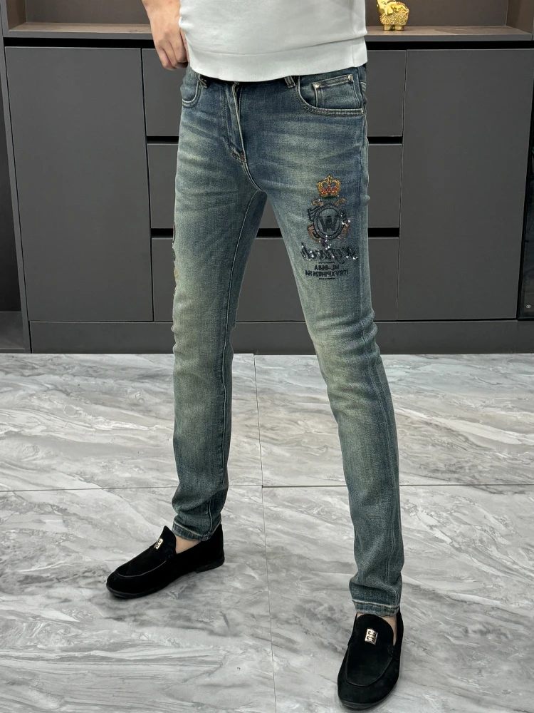 

Trendy Embroidered Rhinestone Denim Jeans Men's Spring New Style Elastic Slim Fit Casual Straight Leg Pants