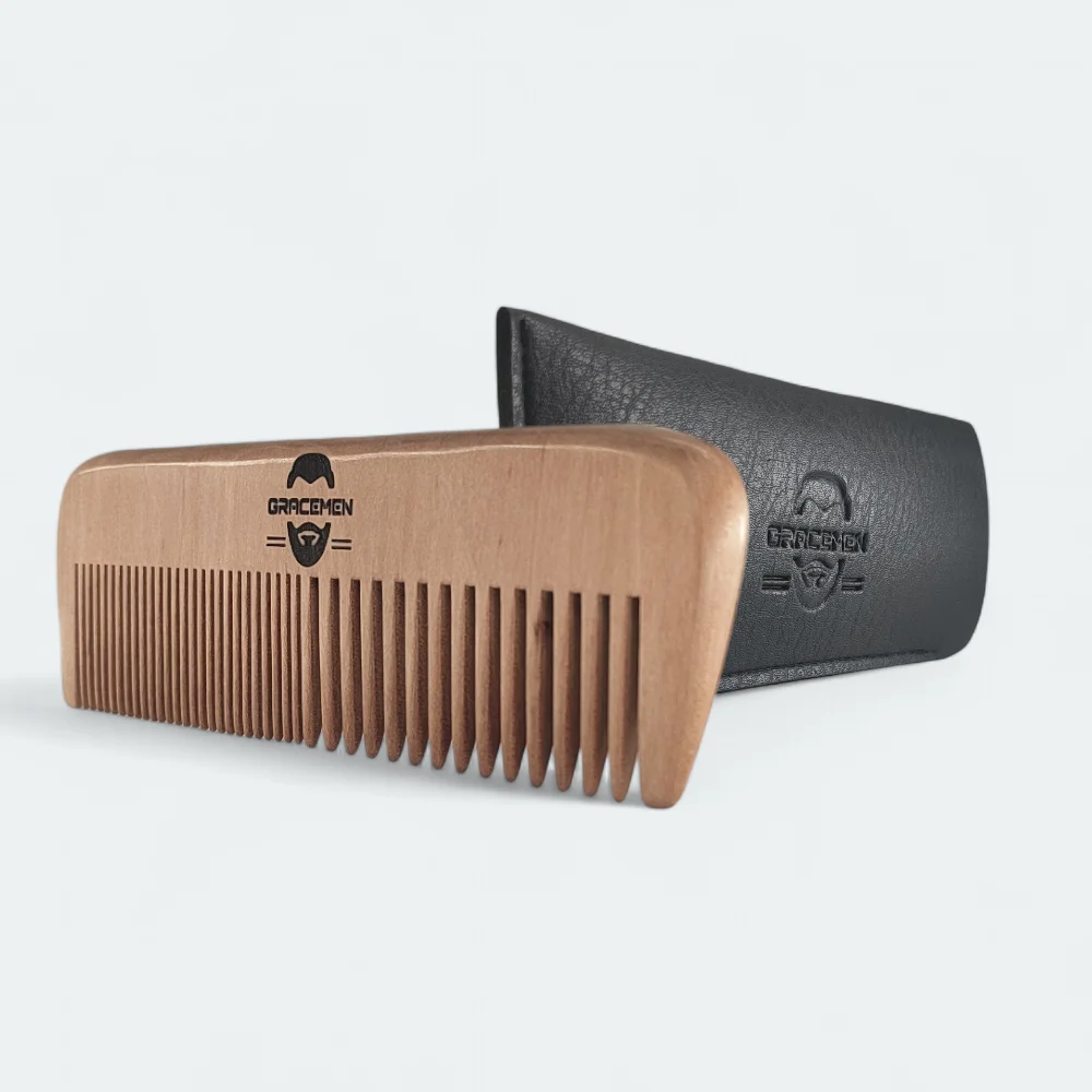 

The Gracemen Natural Wood Beard Comb For Men and Women Premium Wide & Fine Teeth Wooden Hair Comb with PU Leather Sleeve