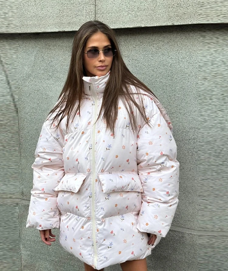Giacca trapuntata oversize da donna con cappotto con tasca con cerniera a maniche lunghe con colletto alla moda e cappuccio