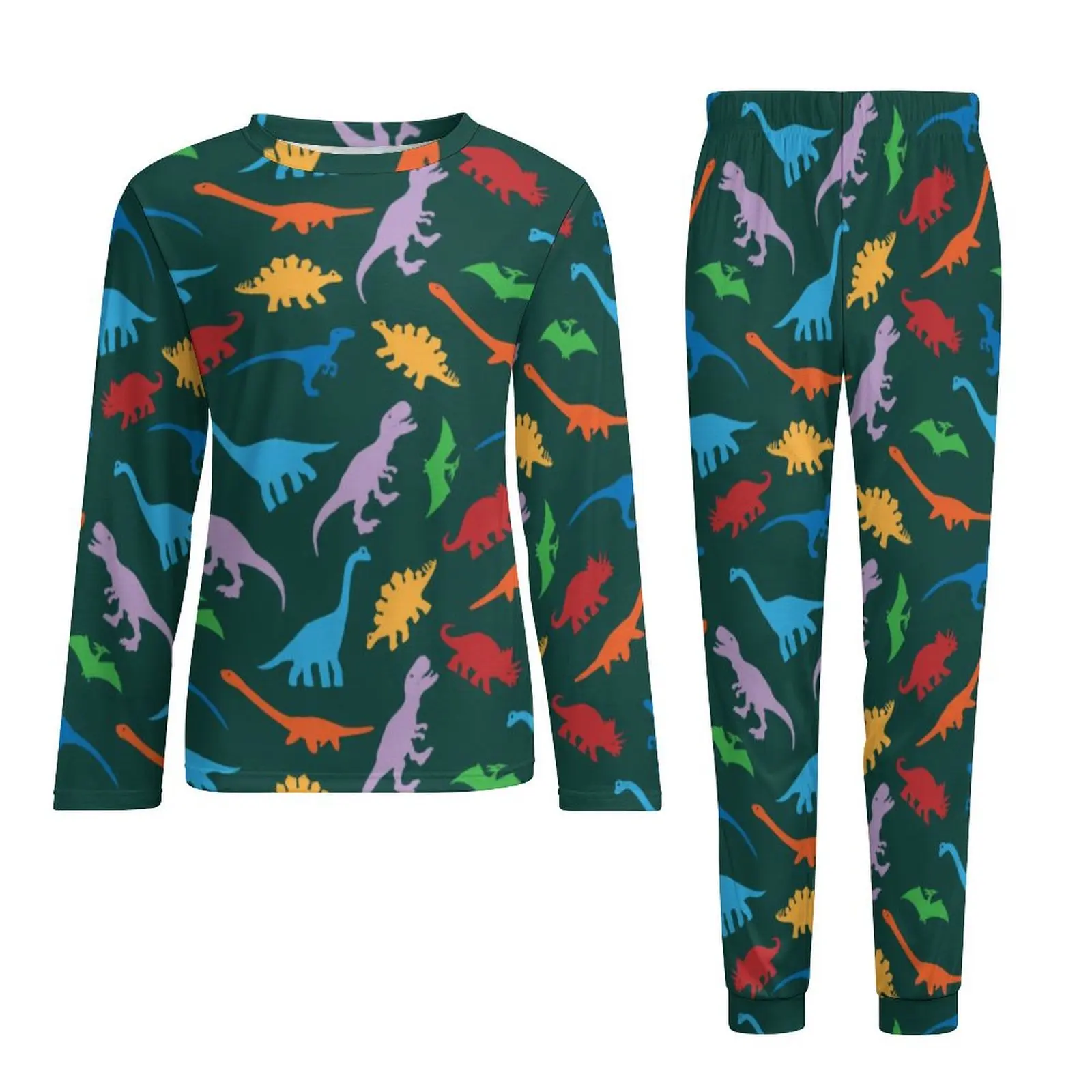 Pijamas de dinosaurio de dibujos animados para hombre, ropa de dormir Kawaii con estampado de animales coloridos, conjuntos de pijamas de diseño de dormitorio de 2 piezas de manga larga de otoño