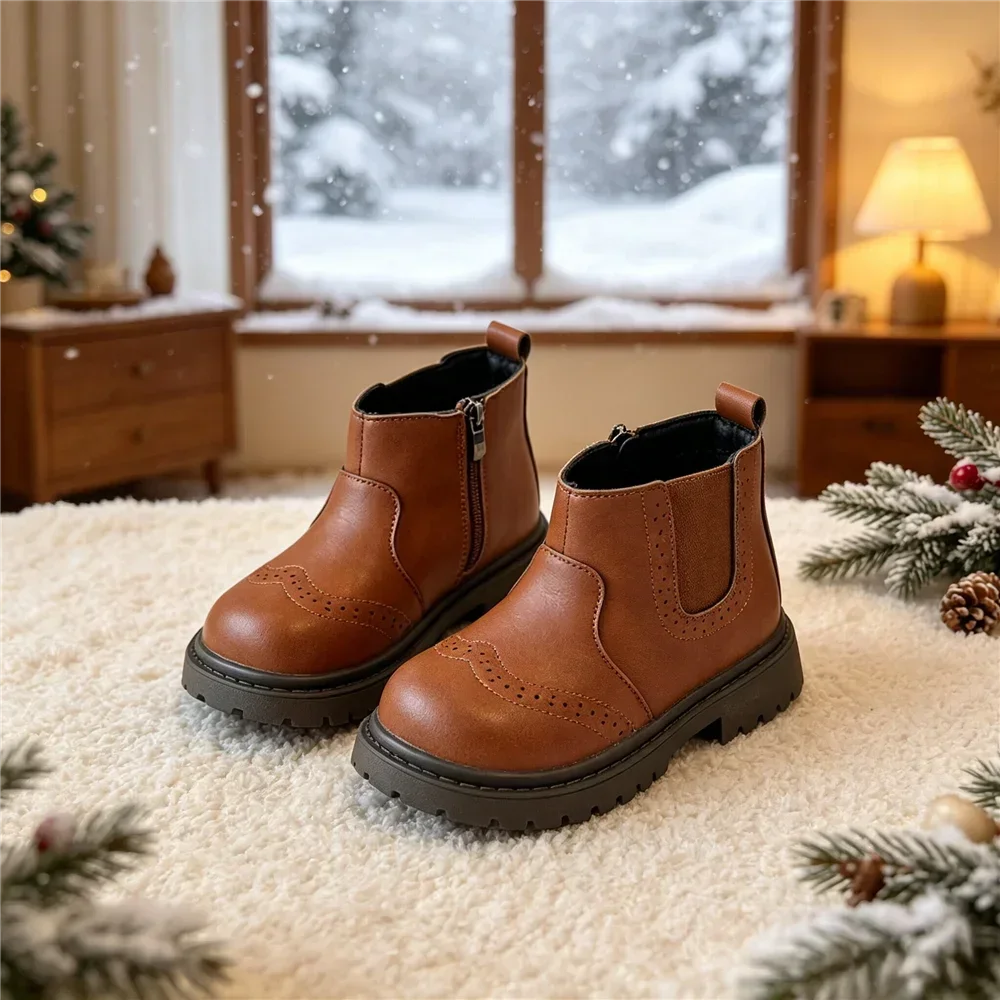 Toddler Kids Fleece Lined Ankle Boots, Side Zipper Warm Winter Shoes, Non Slip Thick Brogue Short Boots for Daily Outdoor