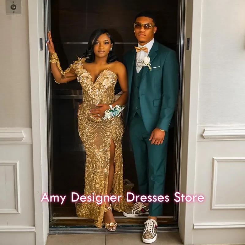 

Gold Shinny Prom Dress 2026 African Girls High Split Mermaid One Shoulder Sequin Beaded Party Dress Evening Gowns Customized